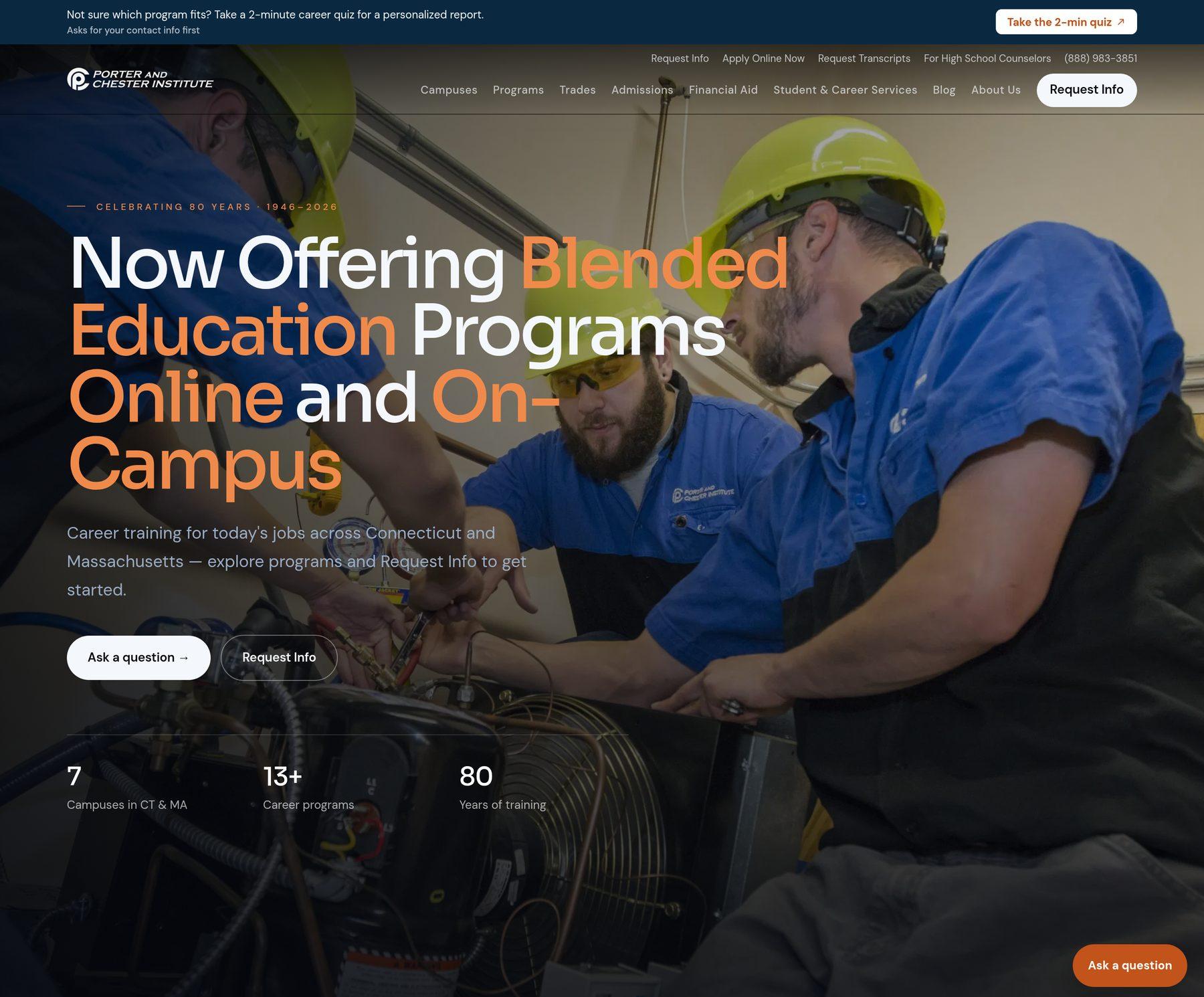 Porter and Chester Institute AI-powered website homepage